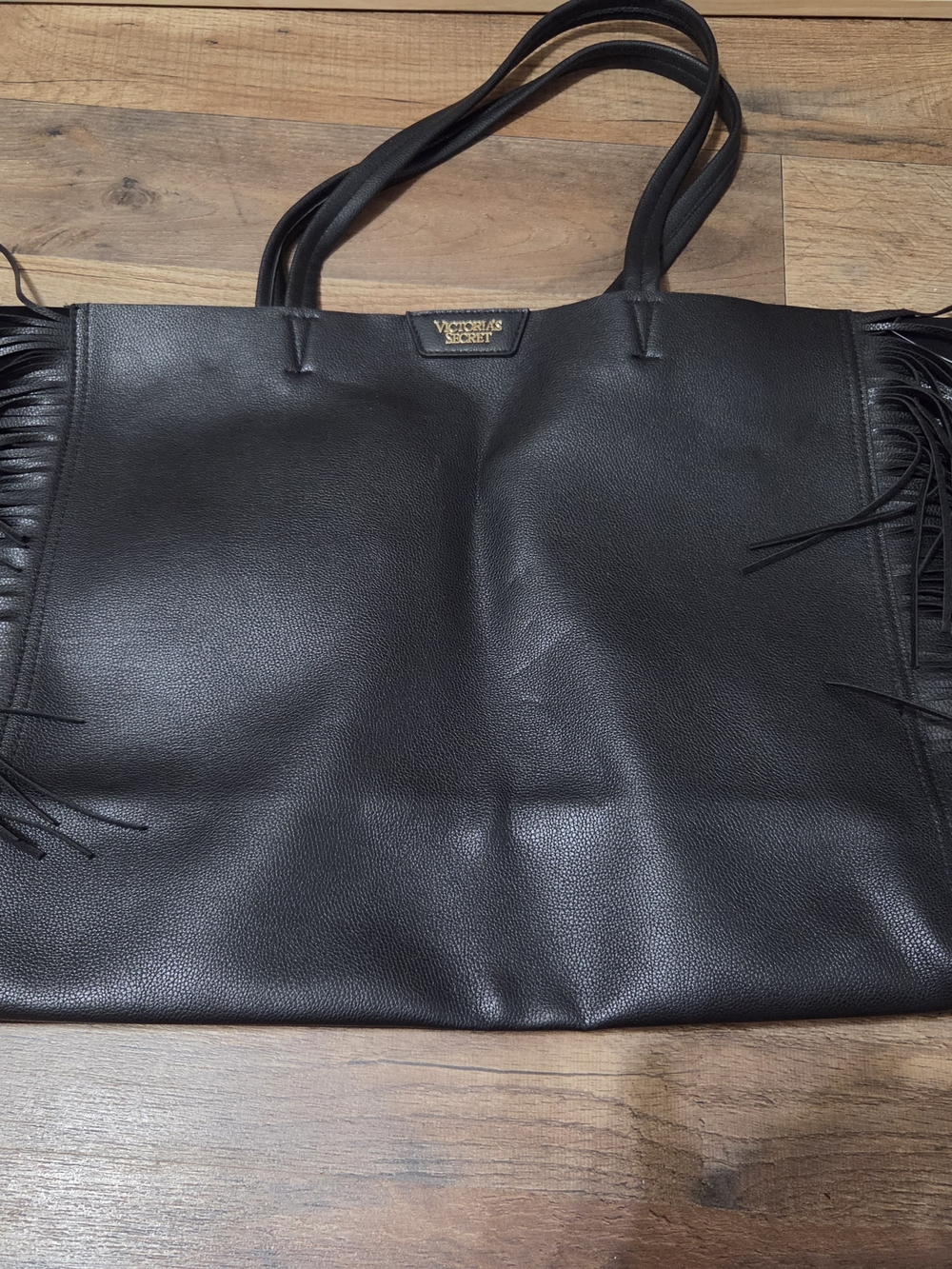 NEW Victoria's Secret Black Faux Leather Suede Side Fringe Oversized Tote Bag